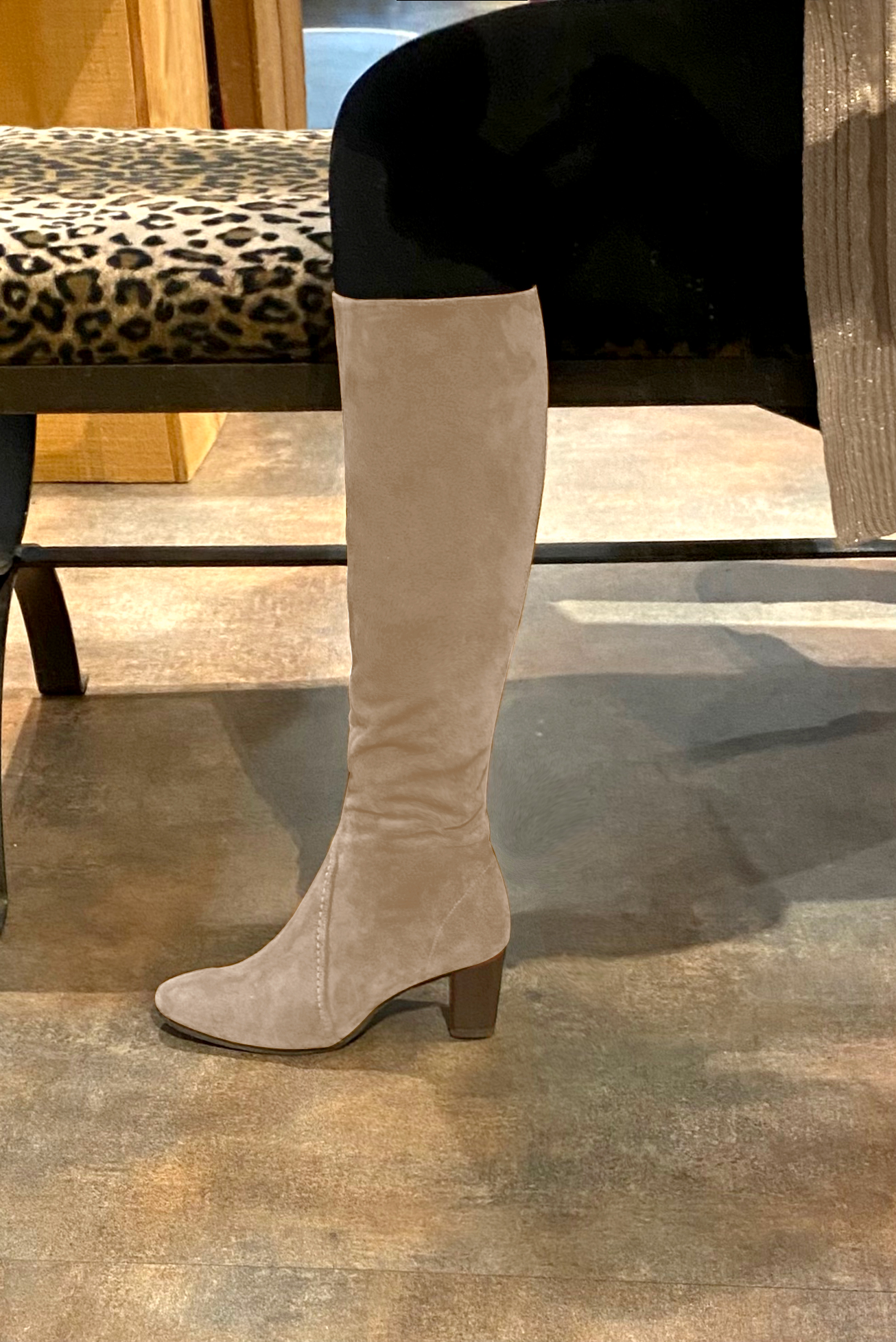 Tan beige women's feminine knee-high boots. Round toe. Medium block heels. Made to measure. Worn view - Florence KOOIJMAN